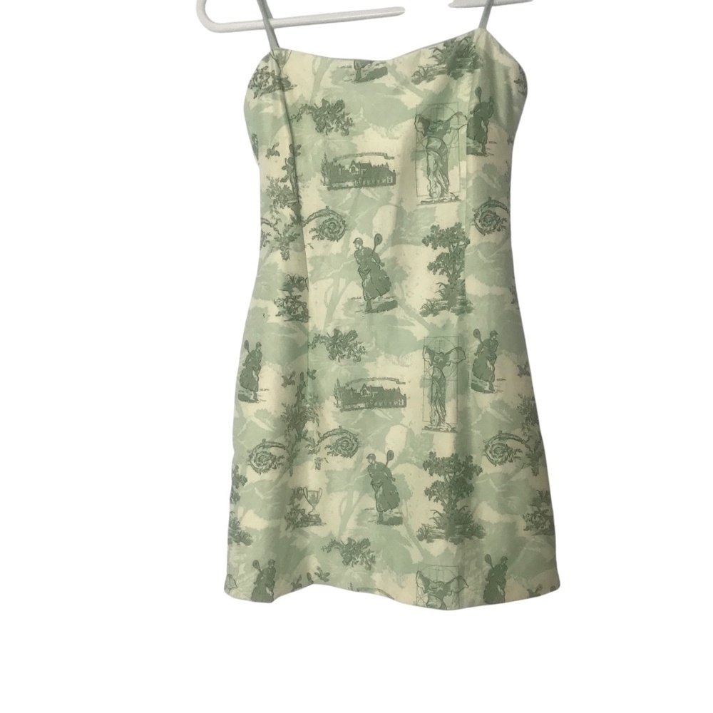 Green Cream Slip Dress – Spaghetti Strap Vintage Scenic Toile Print Sundress